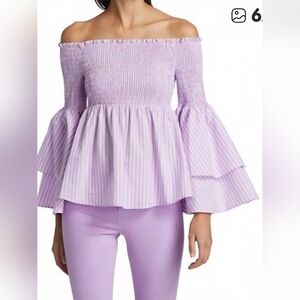 NWT L'agence  Off-Shoulder Lavender Stripe Smocked Peplum Top LARGE